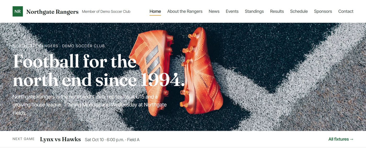 Northgate Rangers website: white, serif headline over a photo