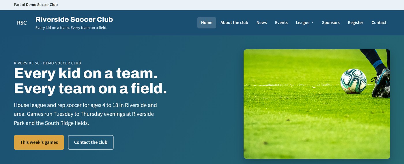 Riverside Soccer Club website: blue header, headline and photo